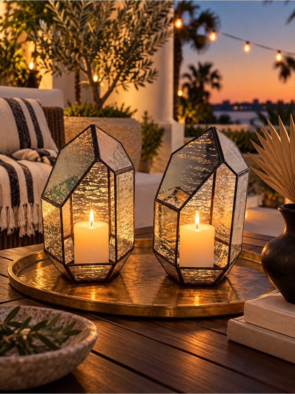 Arhaus Pair Antique-Mirrored Glass Hurricane Lanterns